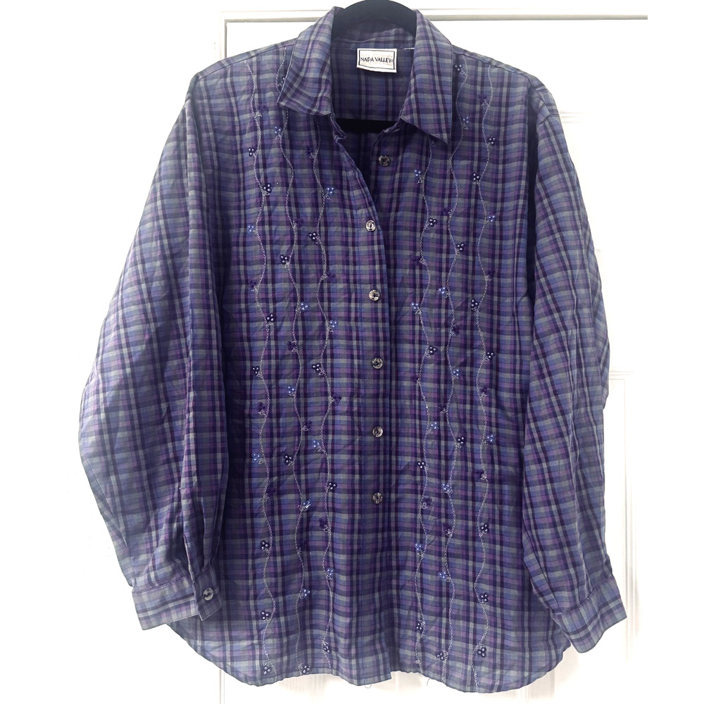 Napa Valley Purple Plaid Button Up Shirt Embroidered VTG L Cottagecore Prairie